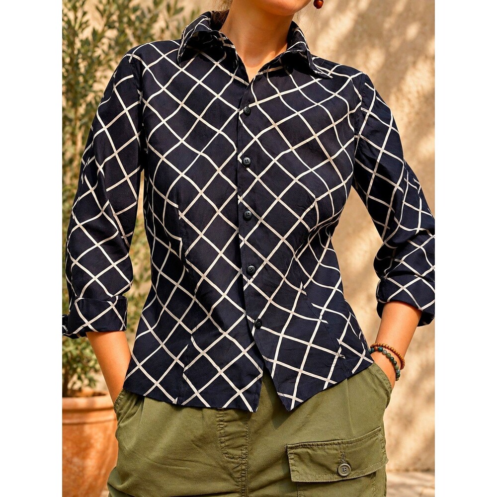100% Silk Geometric Blouse - Black White Abstract Button Down Shirt